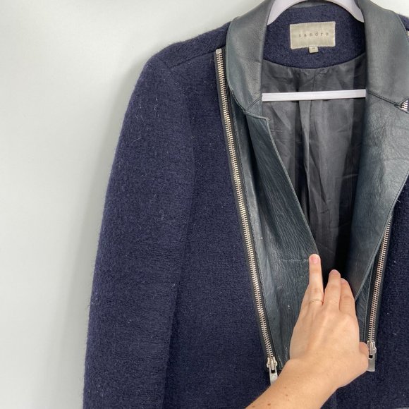 SANDRO Blue Wool Blend Coat Leather Zip Collar - Picture 7 of 8